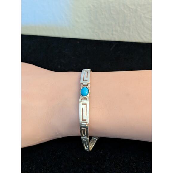 925 Sterling Silver Turquoise Graduated Greek Key Bracelet - Picture 9 of 10
